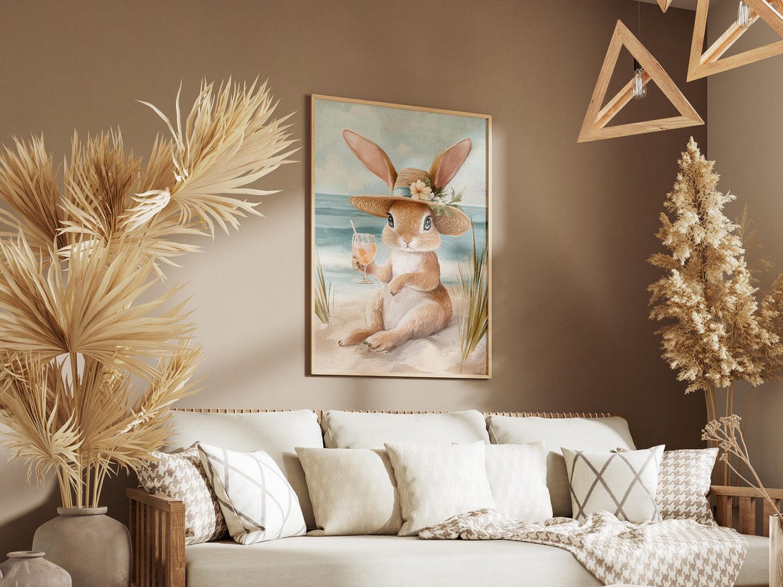 Cute Bunny in Straw Hat with Cocktail Beach Illustration Poster - Image 3