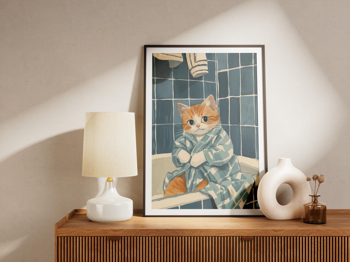 Kitten in a Bathrobe Sitting on a Bathtub Funny Pet Art Poster - Image 4