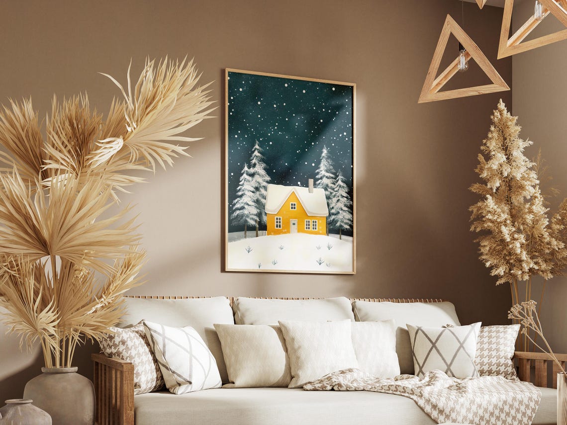 Bright Yellow Cottage Snowy Night Winter Forest Cabin Poster - Image 3