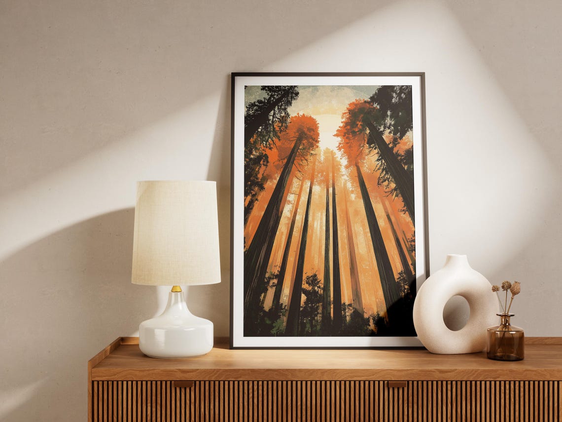 Towering Redwood Trees Orange Sunset Glowing Canopy Sky Poster - Image 4