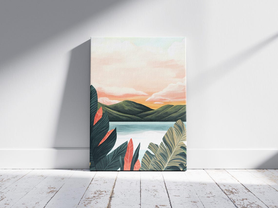 Tropical Lake House Sunset Palm Leaves Boho Nature Art Poster - Image 2