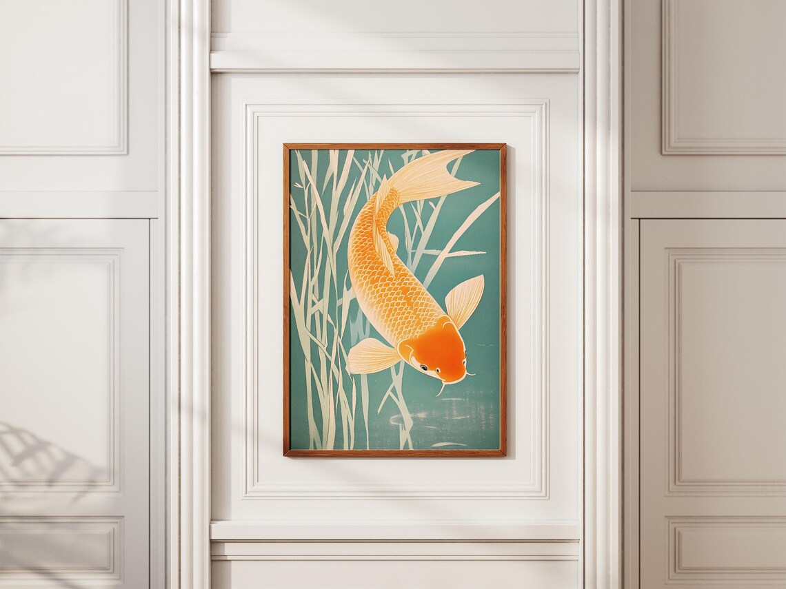Golden Koi Fish Swimming Teal Water Japanese Style Art Poster - Image 2