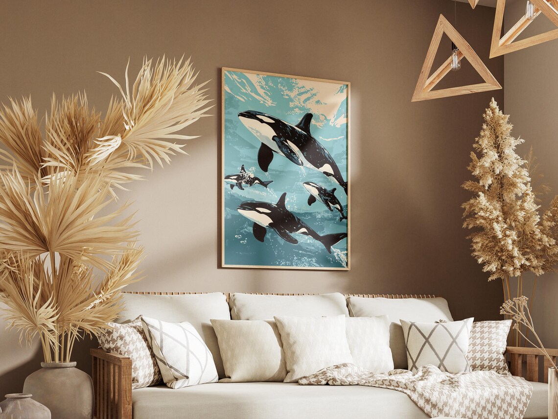 Pod of Four Orca Whales Swimming in Turquoise Ocean Water Poster - Image 3