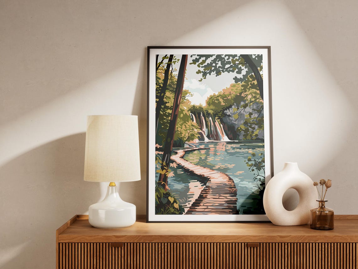 Plitvice Lakes Croatia Turquoise Waterfall Boardwalk Nature Poster - Image 2