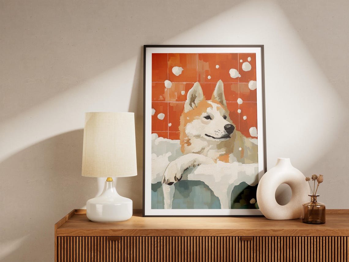 Smiling Husky Relaxing In Bubble Bath On Orange Tile Dog Poster - Image 5