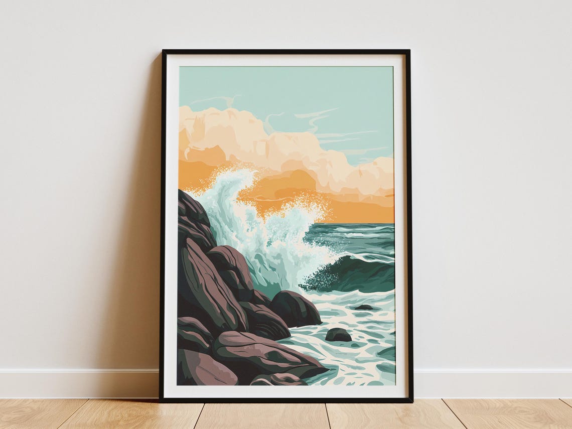 Powerful Wave Crashing on Dark Rocks Under an Orange Sunset Sky Poster