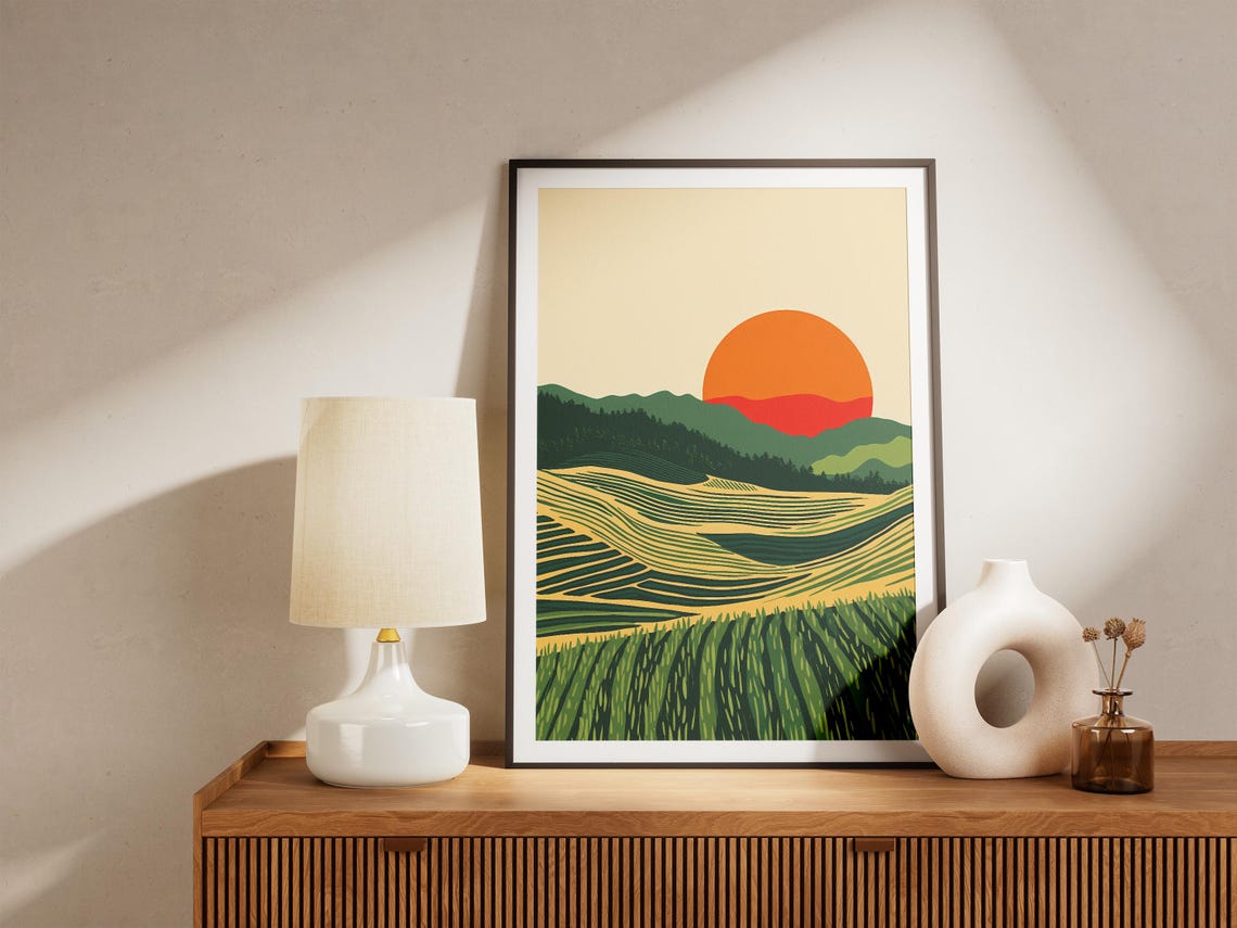Sunrise Over Green Terraced Hills With Bold Orange Sun Poster - Image 5