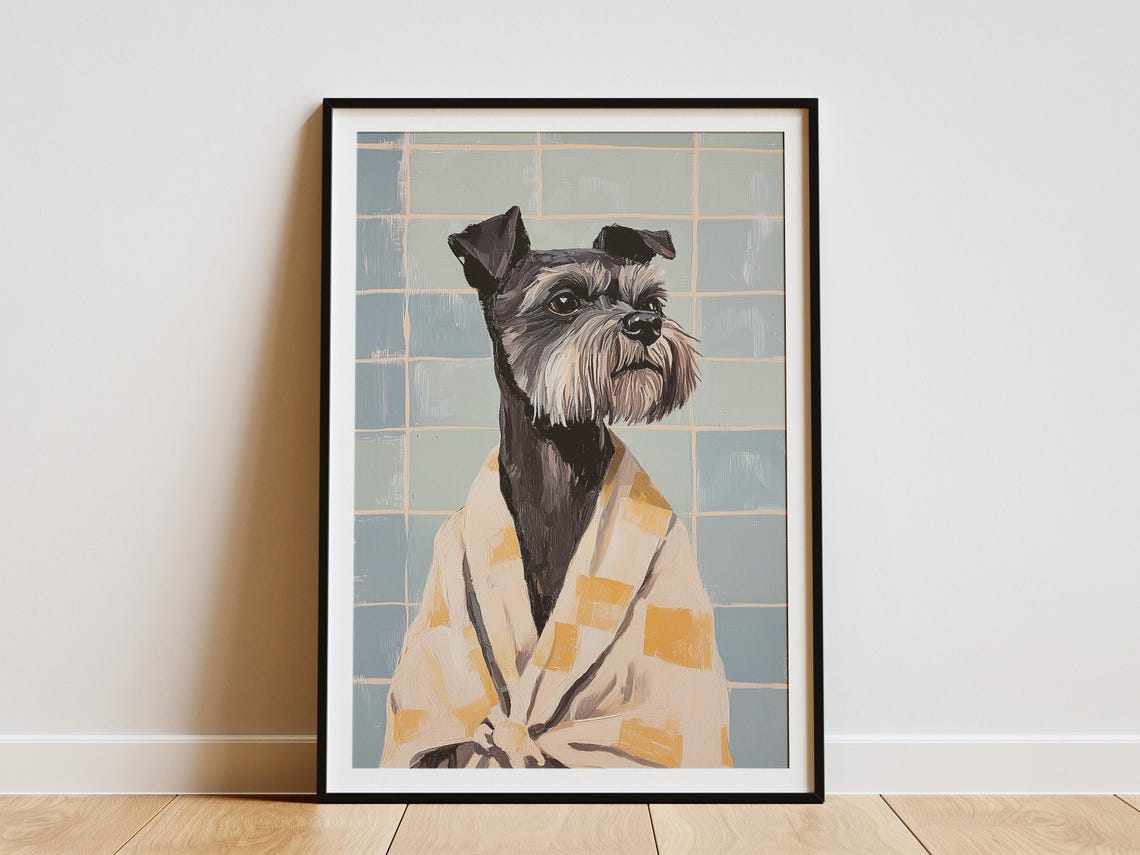Miniature Schnauzer In Bathrobe Art Print Funny Dog Bathroom Poster Pet Portrait Wall Lover Gift