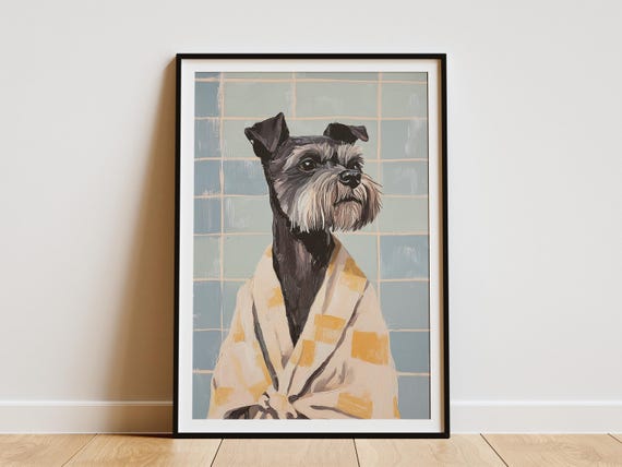 Miniature Schnauzer In Bathrobe Art Print Funny Dog Bathroom Poster Pet Portrait Wall Lover Gift