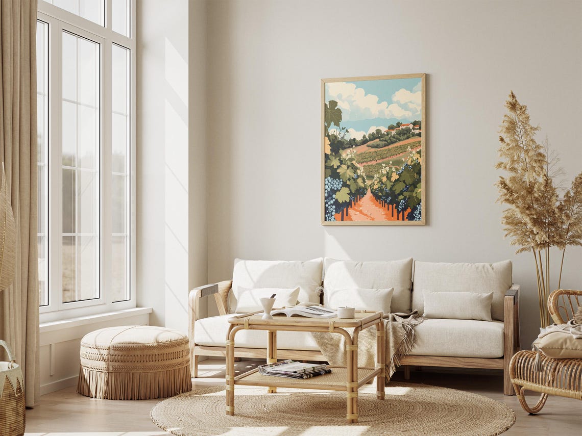 Sunlit Vineyard Hillside With Grape Vines And Hilltop Winery Poster - Image 4