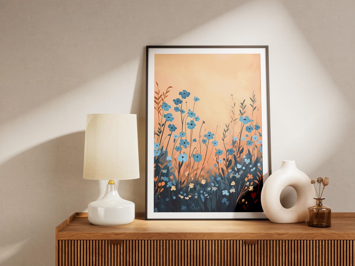 Blue Wildflowers in a Golden Sunset Meadow Illustration Poster - Image 5