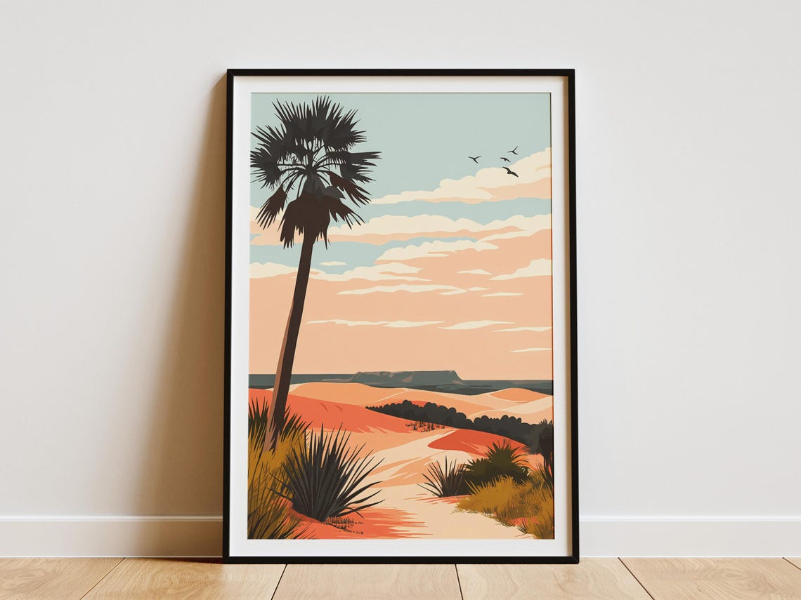 Donana Desert Dunes Palm Tree Sunset Landscape Travel Poster