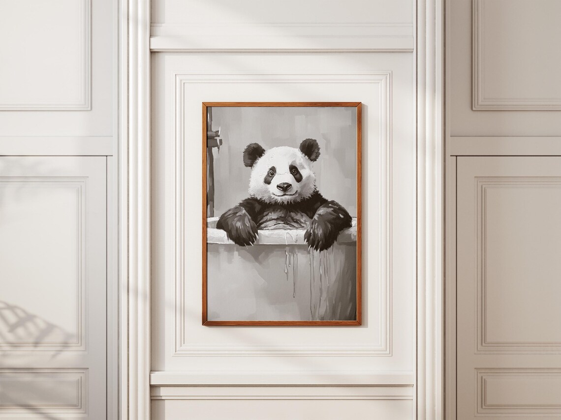 Giant Panda in Bathtub Black and White Cute Bear Bathroom Decor Poster - Image 2