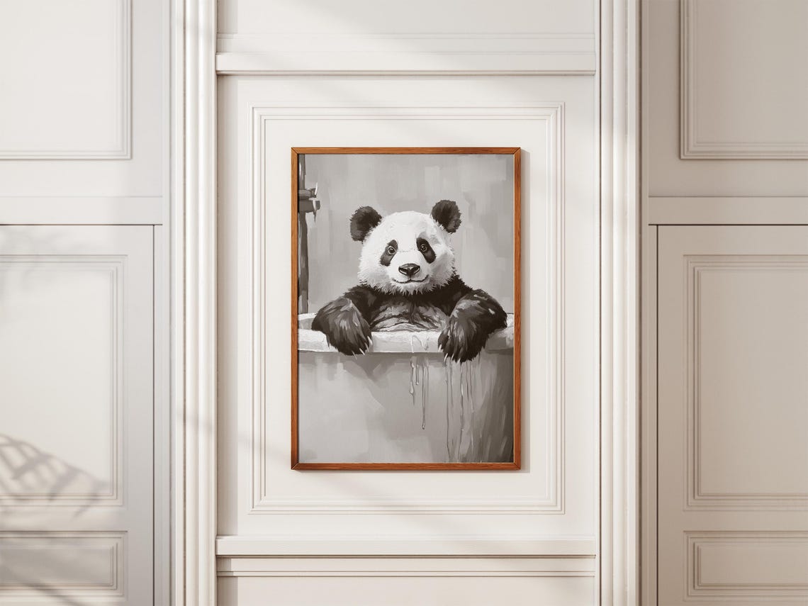 Panda Bear Bathtub Bubble Bath Art Print Cute Animal Poster Minimalist Bathroom Decor Black And White Wall Lover Gift - Image 2
