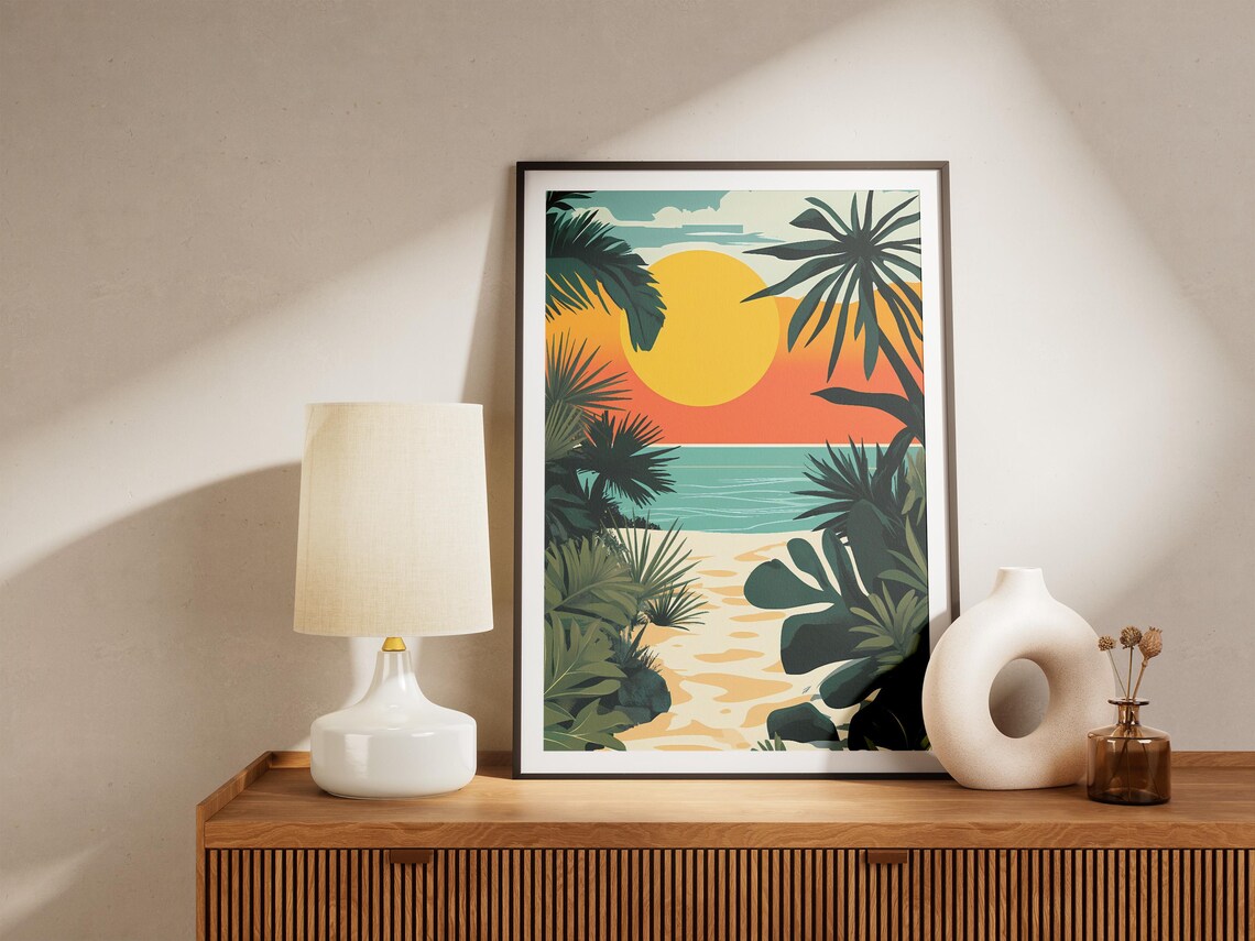 Tropical Beach Sunset Framed By Palm Leaves Vintage Art Poster - Image 5