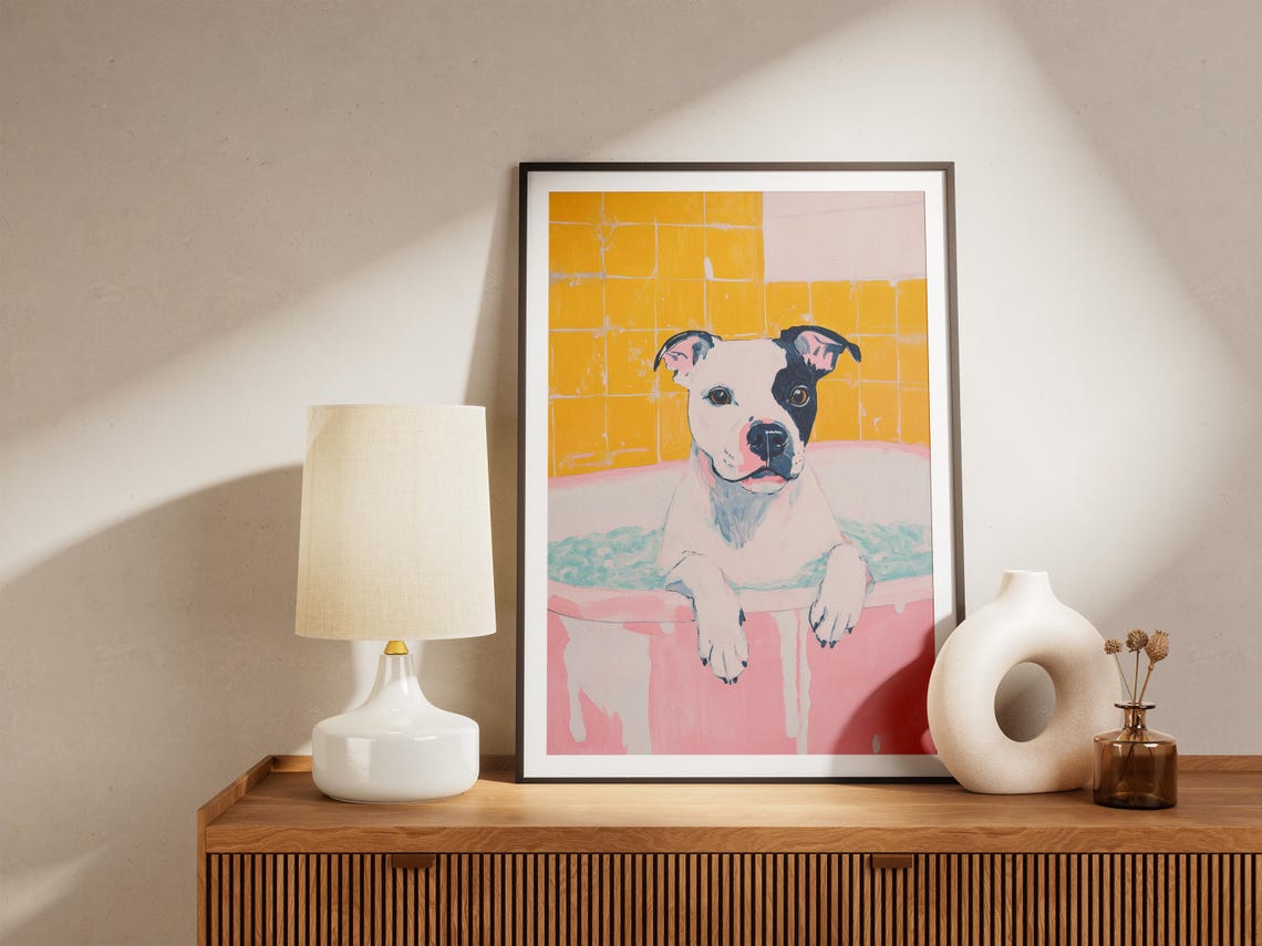 Staffy Puppy Bubble Bath Pink Tub Yellow Tile Bathroom Poster - Image 5