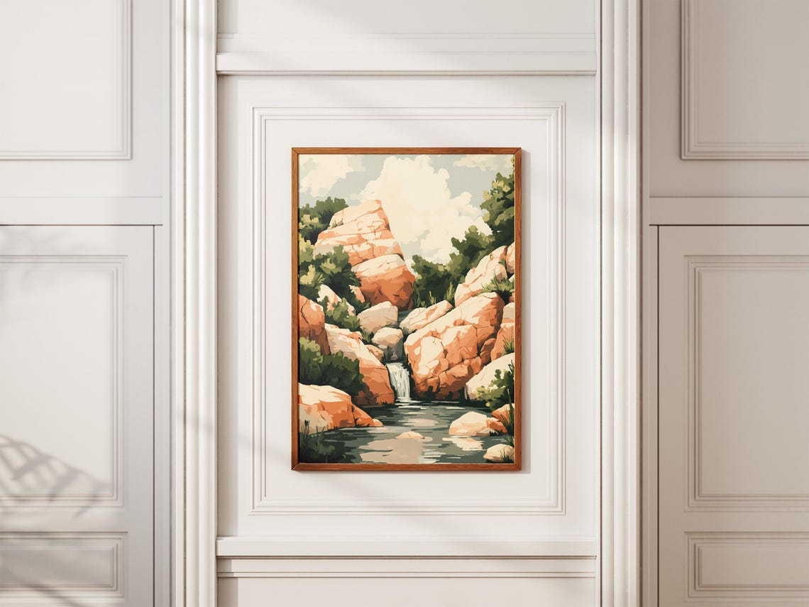 Waterfall Gorge With Peach Rocks Modern Nature Illustration Poster - Image 2