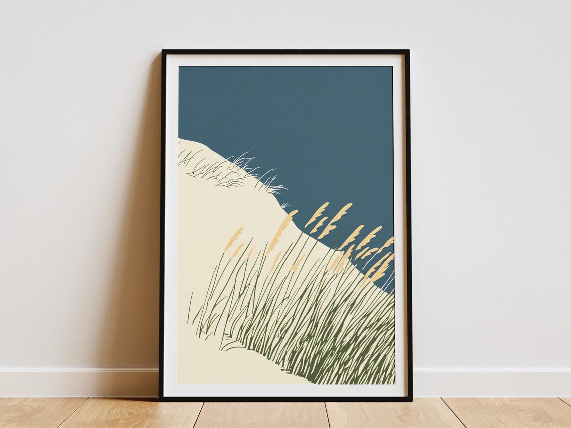 Dune Grasses on a Sandy Ridge Against a Deep Teal Sky Poster