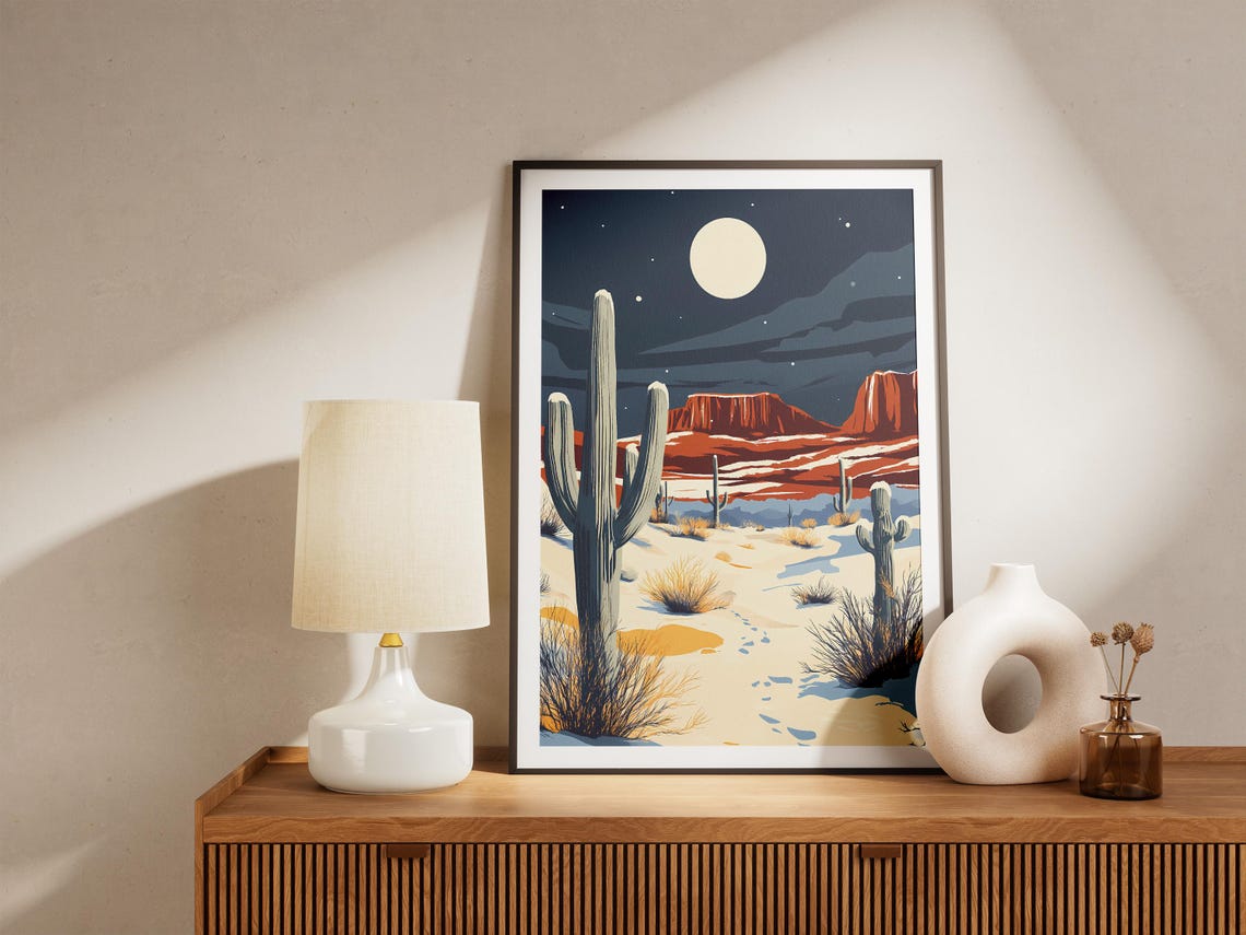 Snowy Desert Night Saguaro Cactus Under Full Moon Stars Poster - Image 5