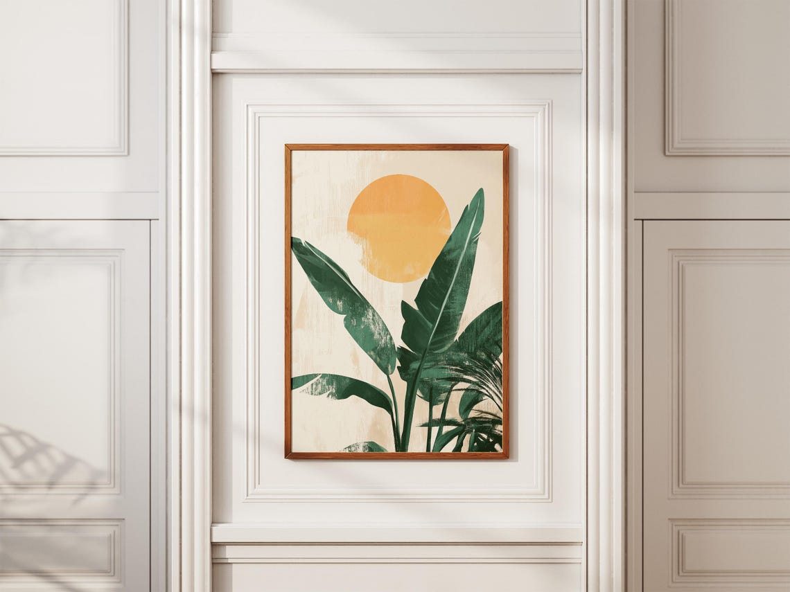 Banana Leaves Rising Sun Beige Minimalist Botanical Wall Poster - Image 2