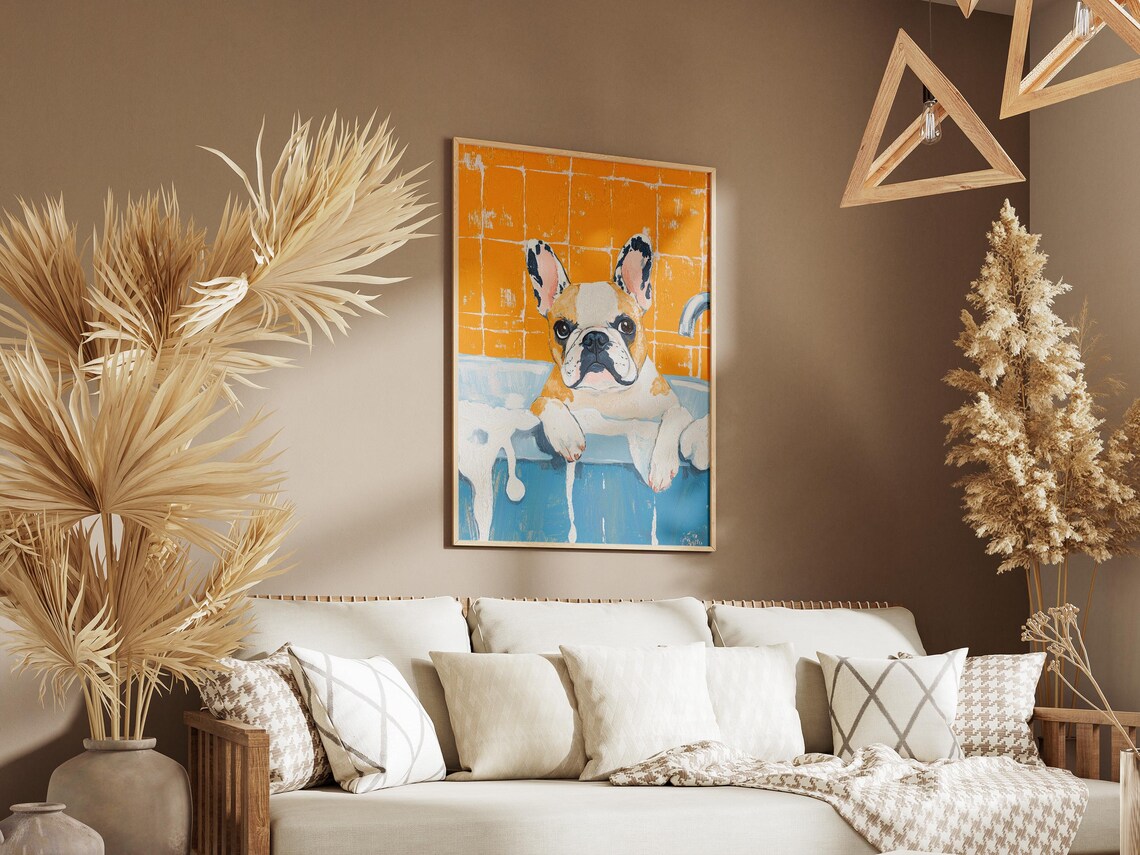 French Bulldog Puppy in Blue Bathtub Bubble Bath Cute Dog Art Poster - Image 3