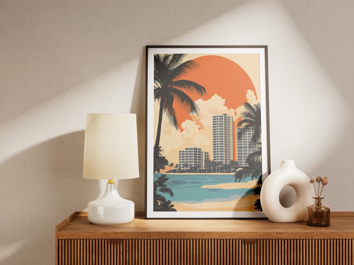 Paradise Island Bahamas Retro Resort Skyline Orange Sun Poster - Image 5