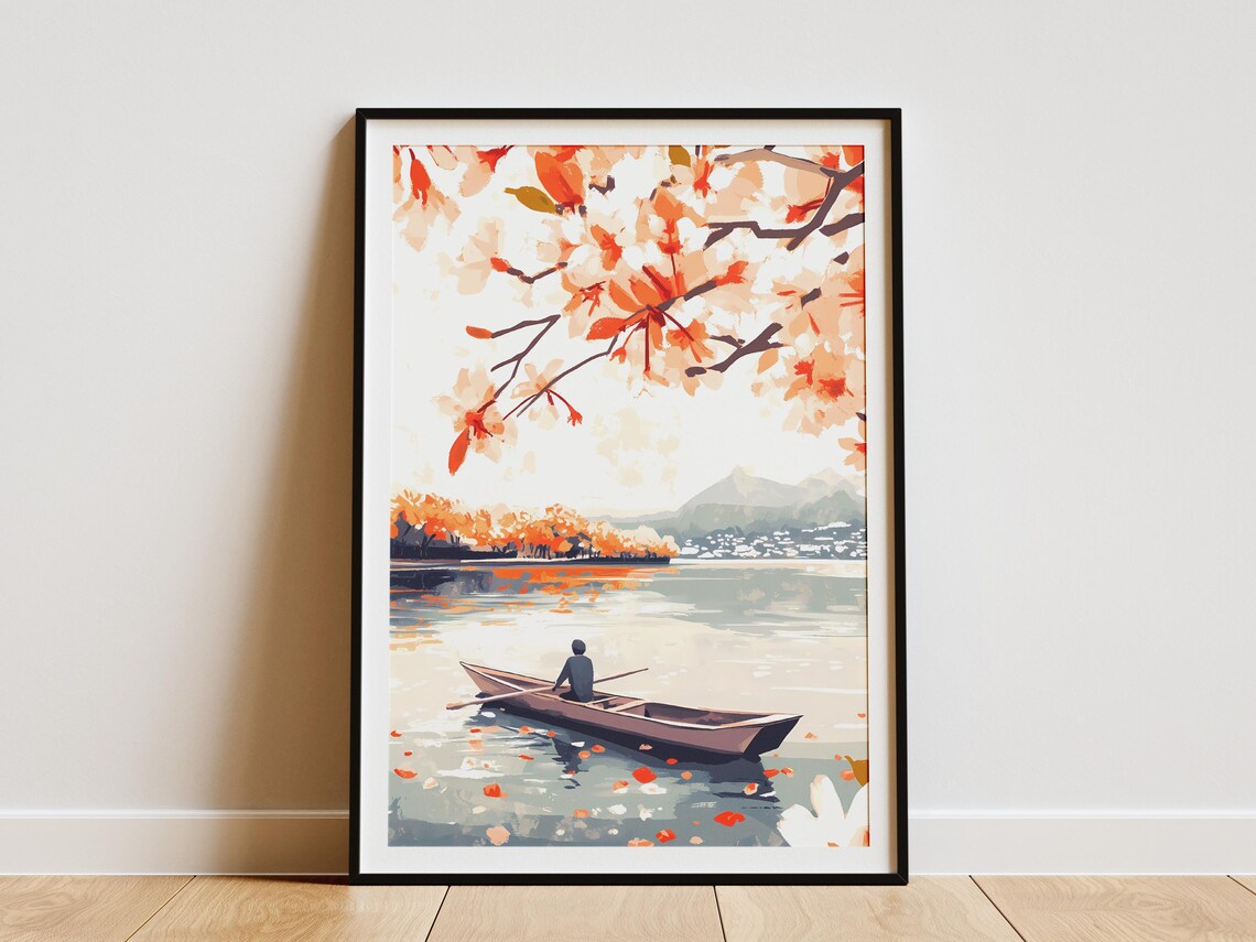 Rowboat on Calm River Cherry Blossom Canopy Japanese Nature Poster