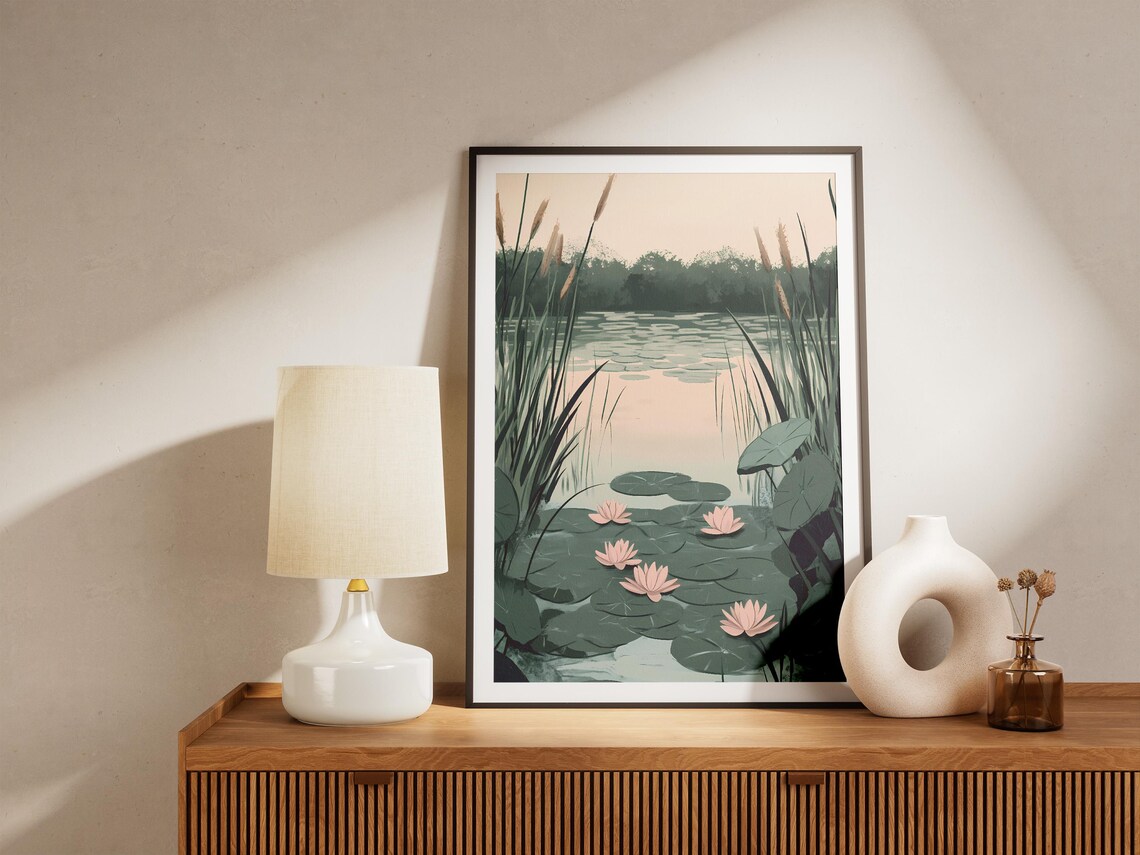 Water Lily Pond Pink Blooms Lily Pads Reeds Calm Lake Poster - Image 5