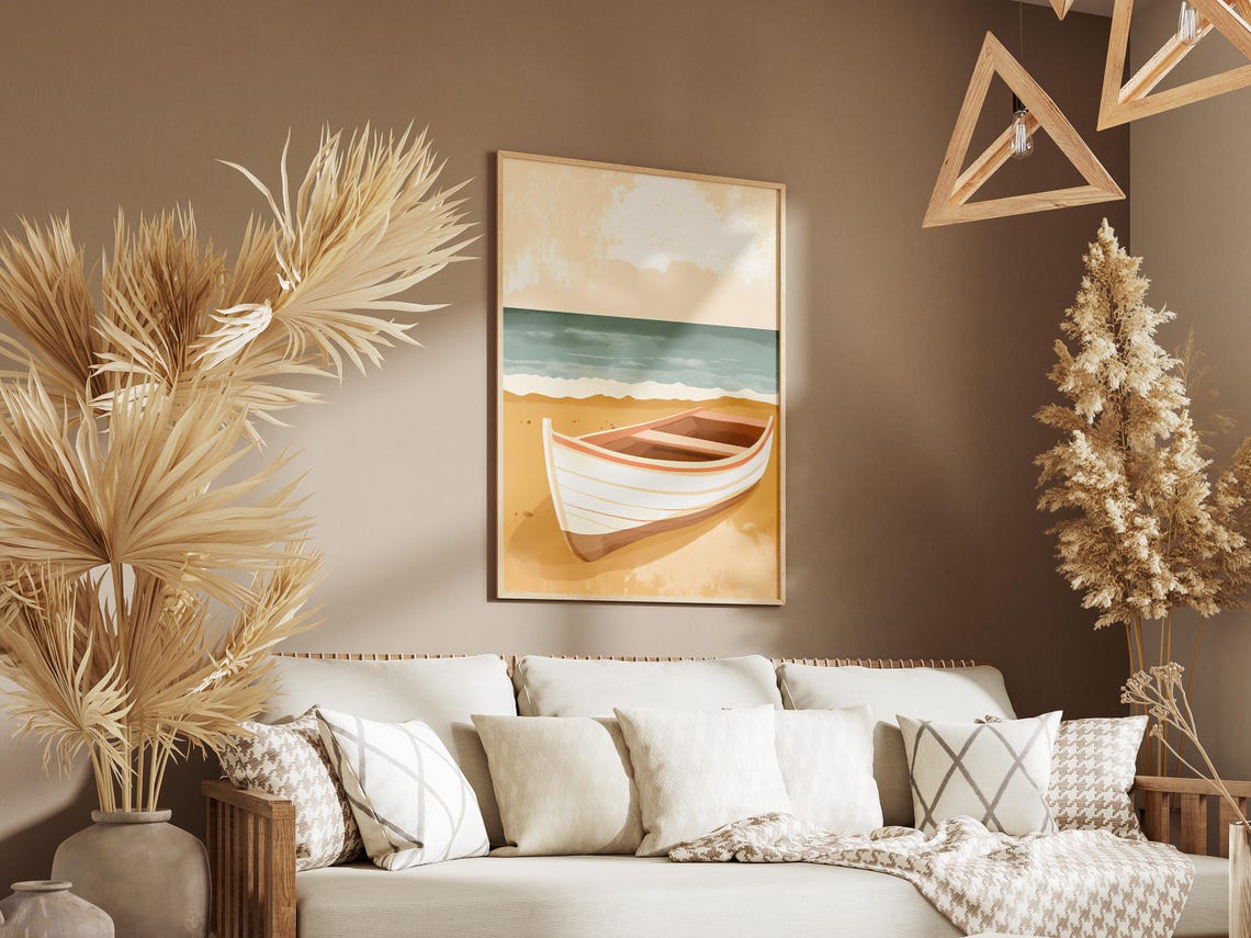 White Rowboat on Golden Sand Beach Minimalist Nautical Poster - Image 3