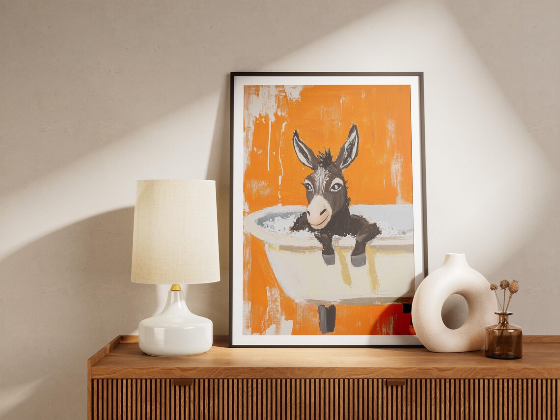 Baby Donkey in Bathtub Orange Background Funny Animal Poster - Image 5