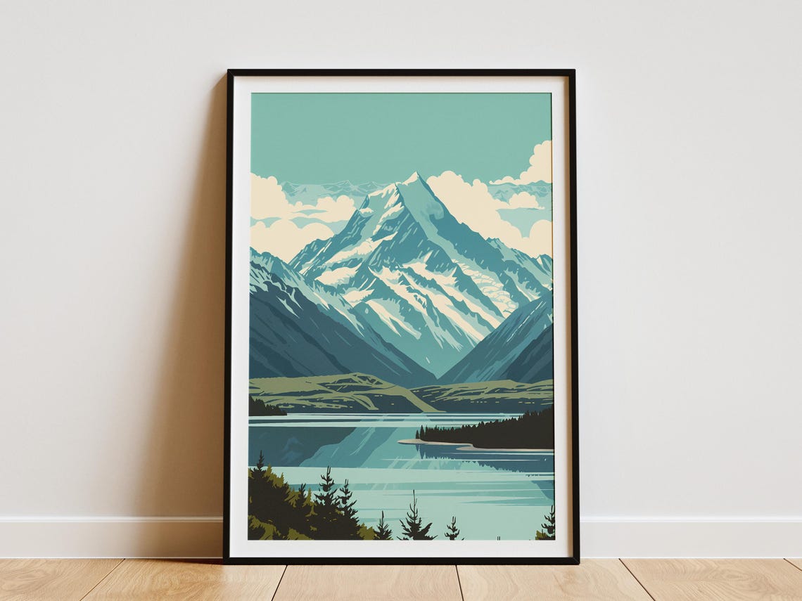 Aoraki Mount Cook Lake Reflection New Zealand Minimalist Art Poster