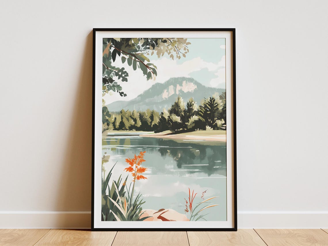 Calm Green River Flowing Past Bright Orange Wildflowers Poster