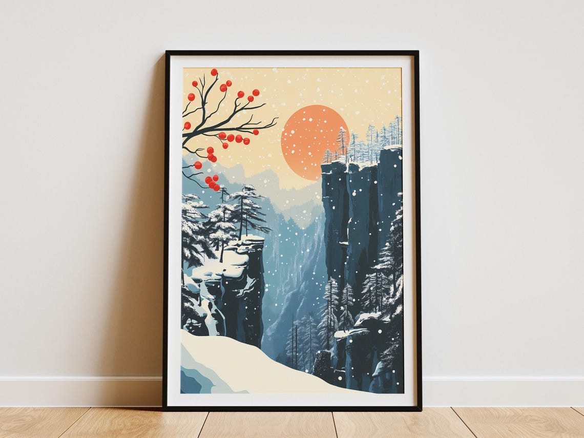 Zhangjiajie Snowy Stone Pillars With Red Winter Berries Poster