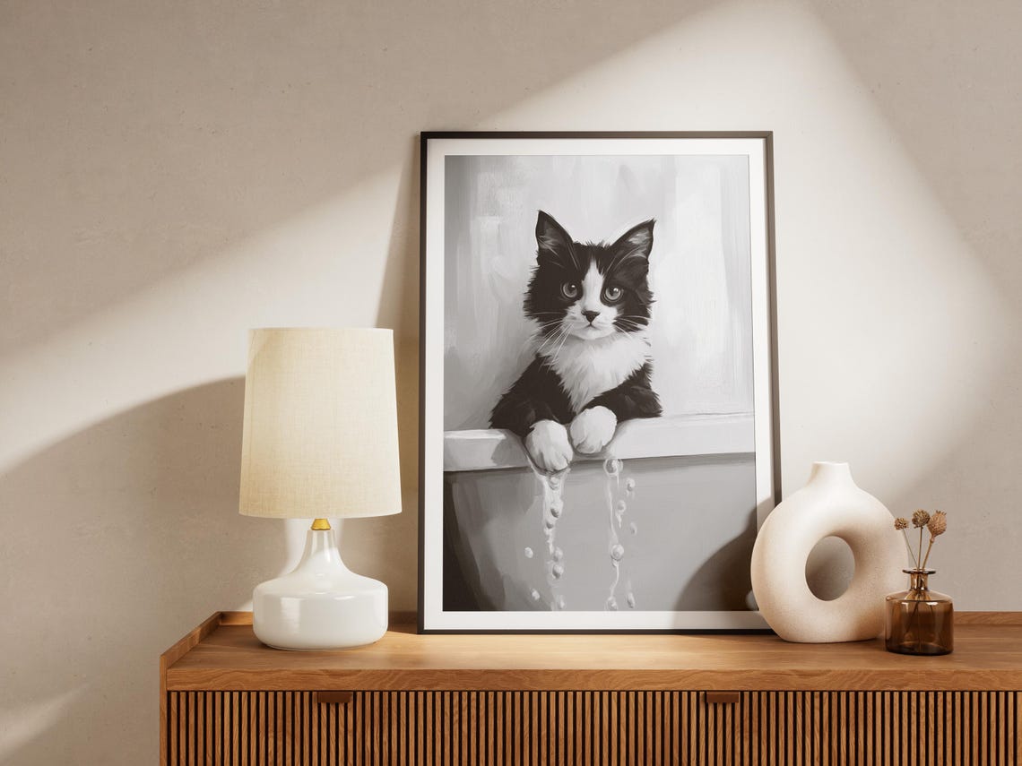 British Shorthair Cat In Bathtub Black and White Funny Poster - Image 4
