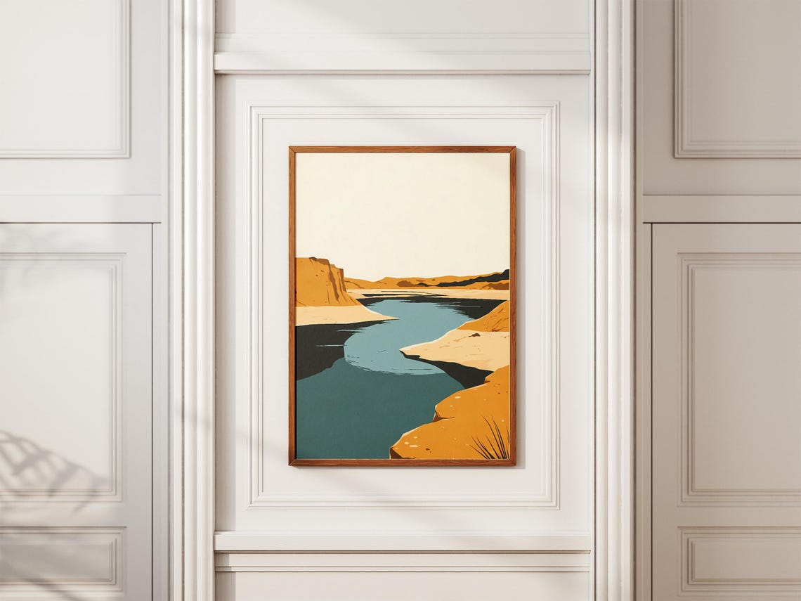 Minimalist Desert Lake Poster Ochre Cliffs Teal Water Wall Decor - Image 2