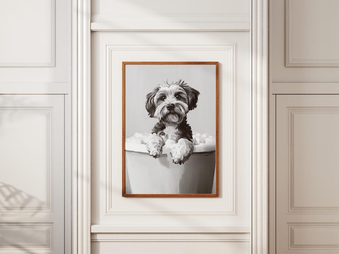 Havanese Puppy in Bubble Bath Black and White Cute Dog Decor Poster - Image 2