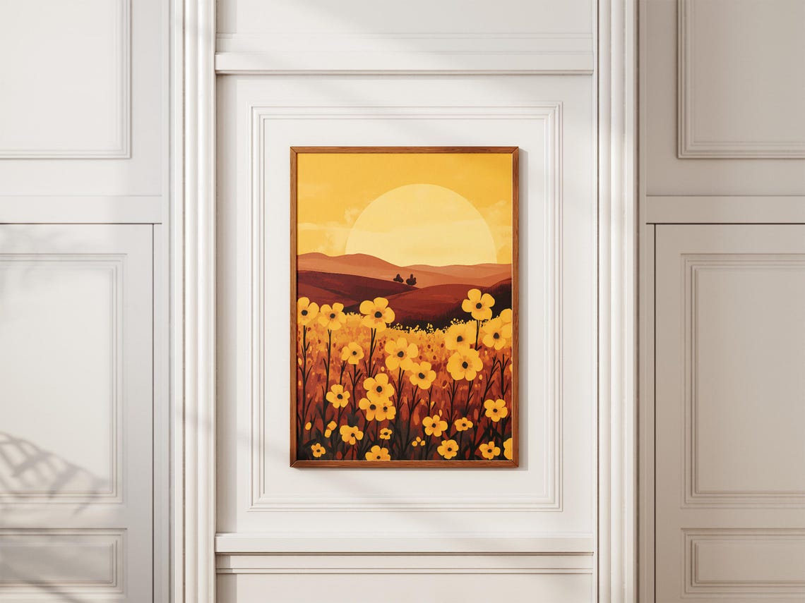 Yellow Mustard Flower Field at Sunset Poster With Big Sun Hills - Image 2
