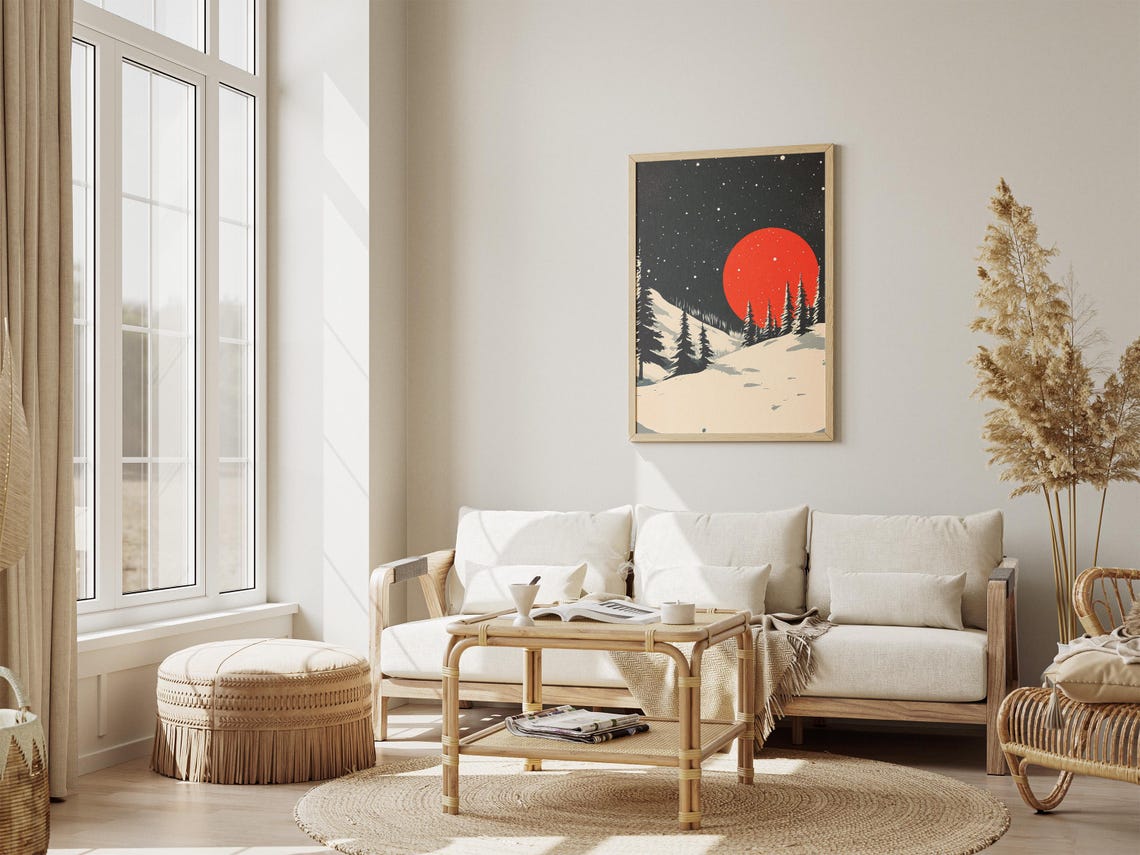 Red Moon Winter Night Snowy Pine Forest Starry Sky Art Poster - Image 4