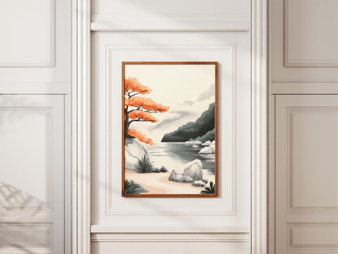 Orange Leafed Bonsai Tree Growing by a Misty Zen River Poster - Image 2
