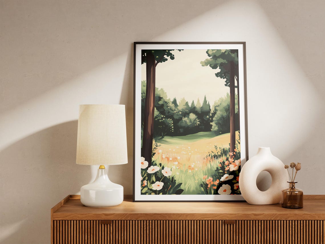 Forest Meadow Between Tree Trunks White Wildflowers Spring Art Poster - Image 5