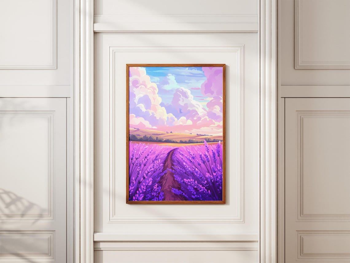 Lavender Path Billowing Pink Sunset Clouds Dreamy Landscape Poster - Image 2