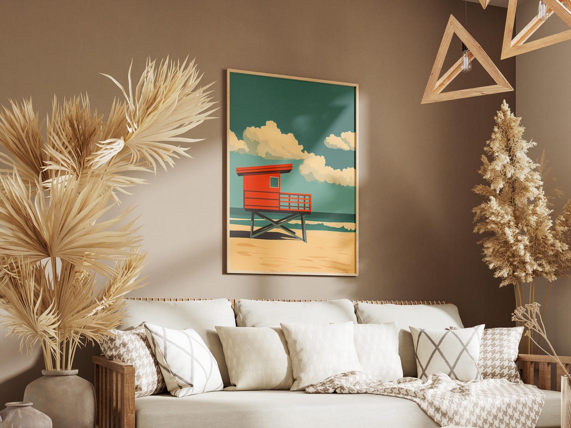 Red Lifeguard Tower on a Sandy Beach Under a Teal Sky Poster - Image 3