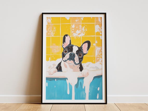 French Bulldog In Bathtub Poster Cute Dog Art Print Bathroom Wall Decor Puppy Pet Lover Gift Animal Illustration Colorful