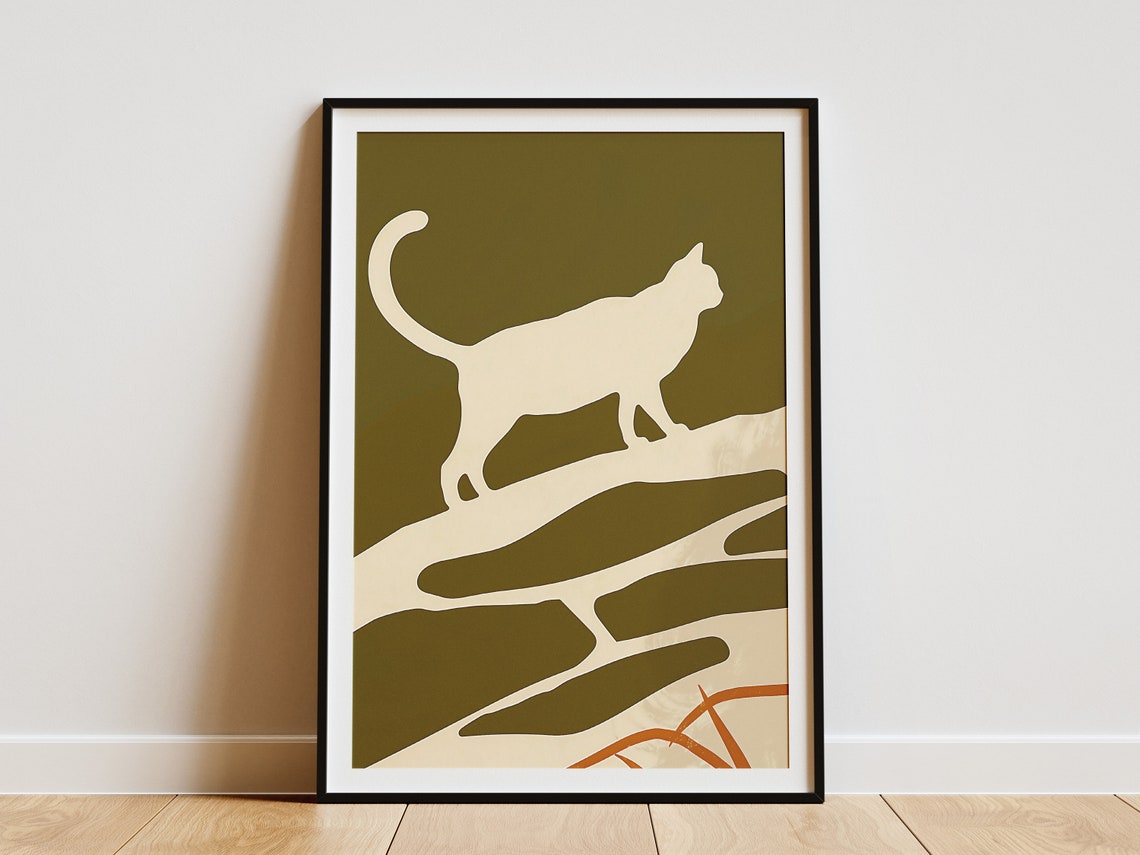 Minimalist Cat Silhouette Olive Green Abstract Modern Pet Art Print