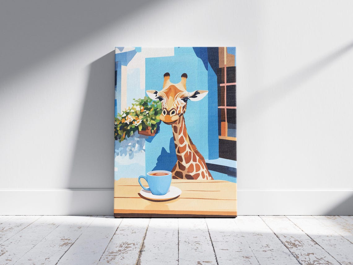 Curious Giraffe Peeking Through Cafe Window at Coffee Cup Poster - Image 2