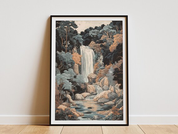 Waterfall Forest Pool Poster Print Nature Art Landscape Waterfall Forest Trees Japanese Style Tranquil Scene Calm Serene Wall Decor Home