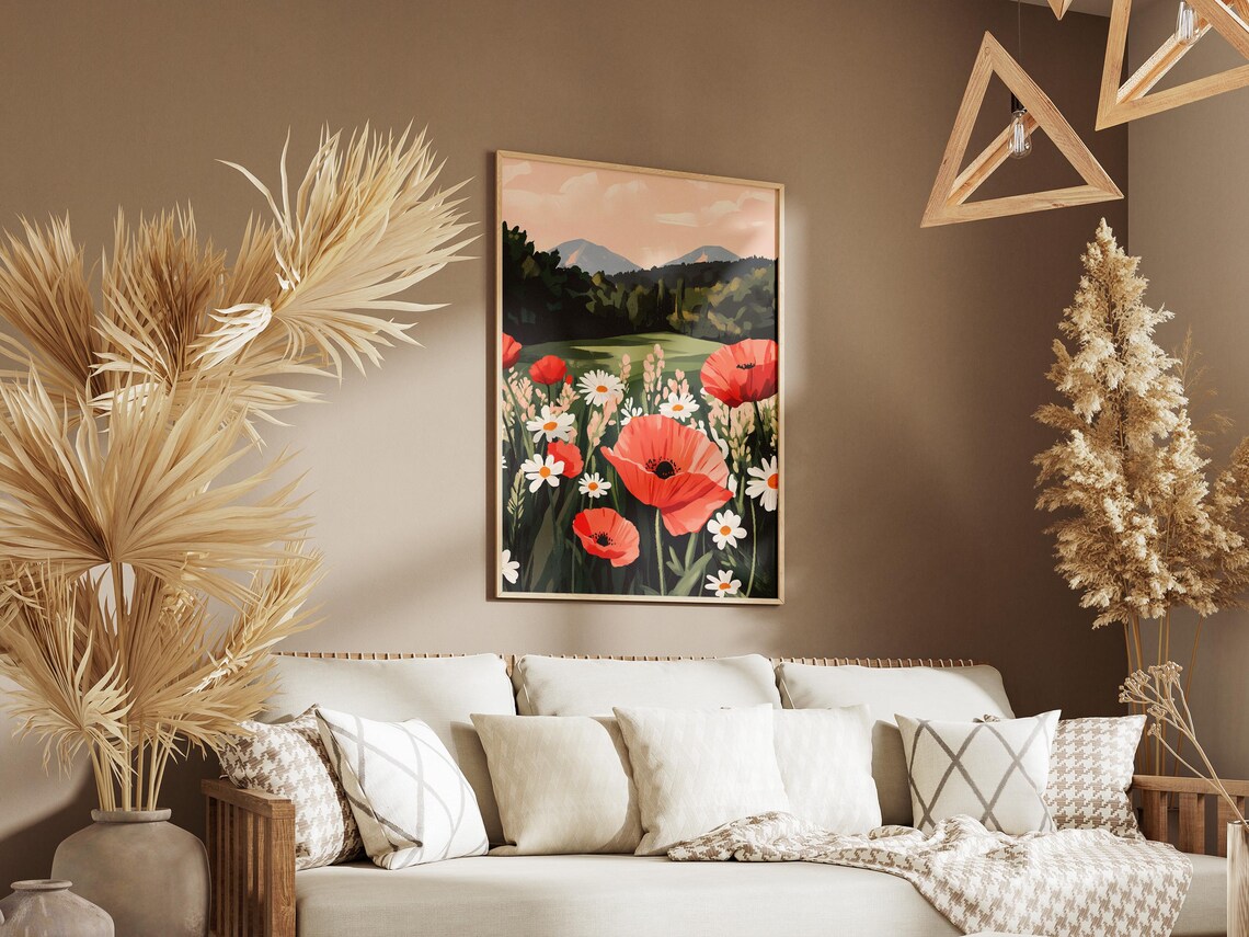 Red Poppy And White Daisy Summer Meadow Floral Botanical Wall Art - Image 3