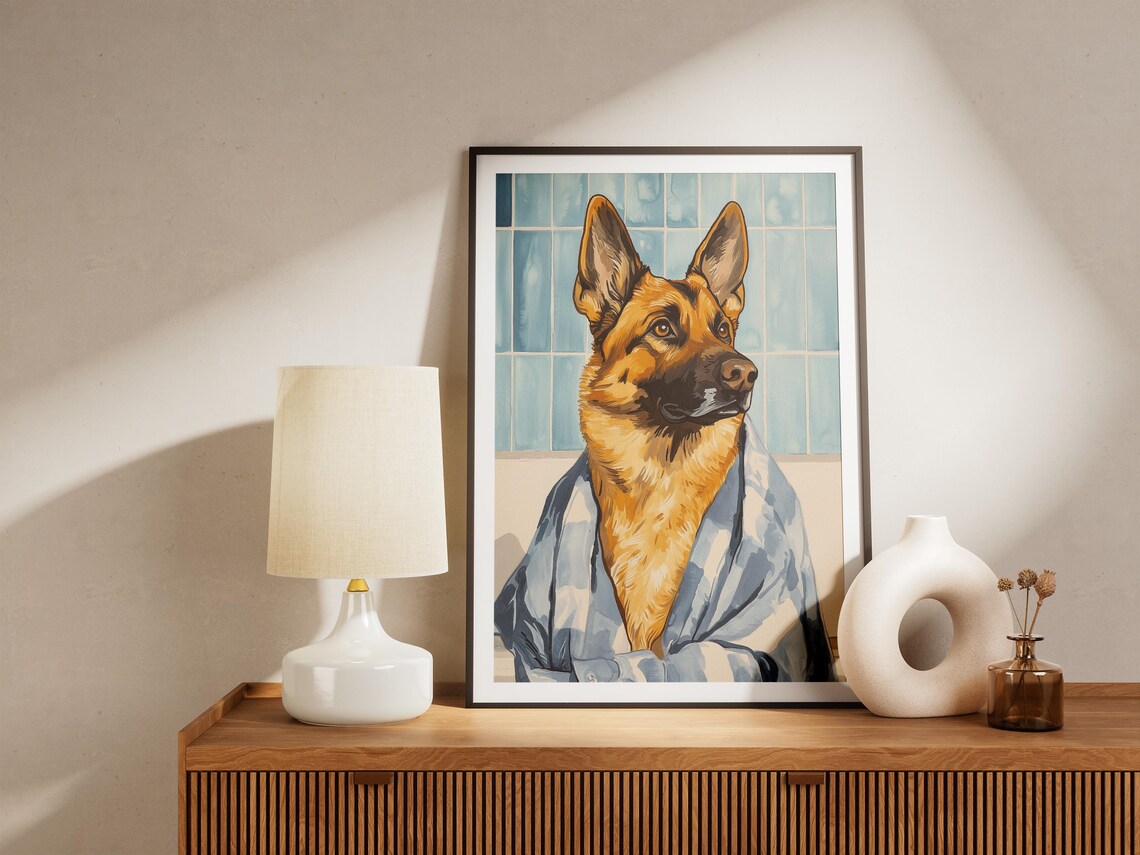 German Shepherd In Bathrobe Funny Bathroom Dog Portrait Art Poster - Image 4