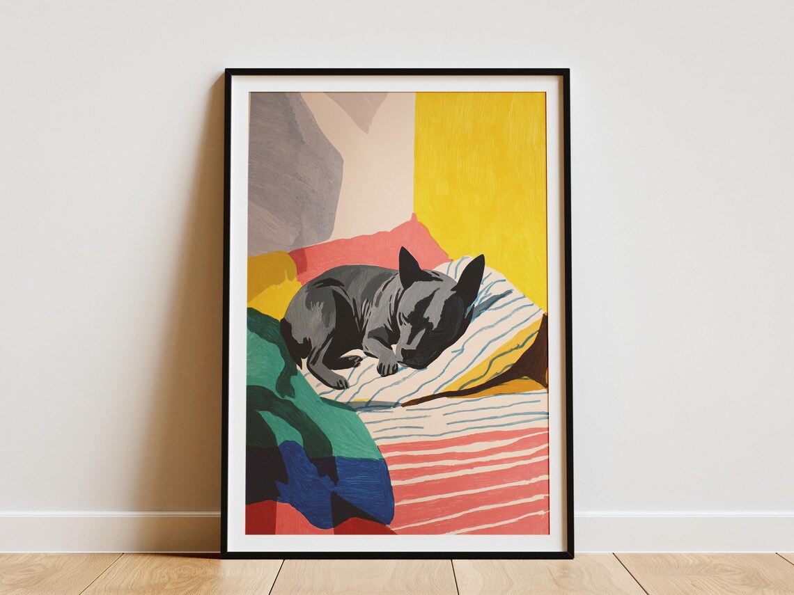 Staffordshire Terrier Sleeping on Striped Bed Bold Color Art Poster