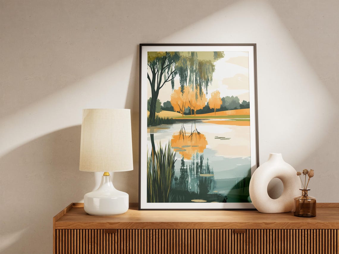 Weeping Willow by a Golden Autumn Lake with Lily Pads Art Poster - Image 5
